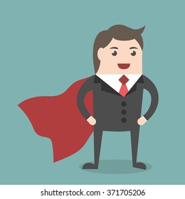 Successful young businessman super hero wearing red cloak standing. Business success, work, competent manager, executive, management concept. EPS 8 vector illustration, no transparency