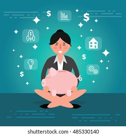 Successful young businesswoman or broker meditating or relaxing with legs crossed and holding piggy bank. Manager or boss as concept of financial success. Business lady vector illustration