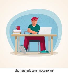 Exitoso joven casual trabajando en la oficina. Ilustración vectorial de concepto.  Los elementos se clasifican por separado en el archivo vectorial.