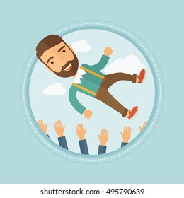 Successful young caucasian hipster businessman with the beard get thrown into the air by his coworkers during celebration. Vector flat design illustration in the circle isolated on background.