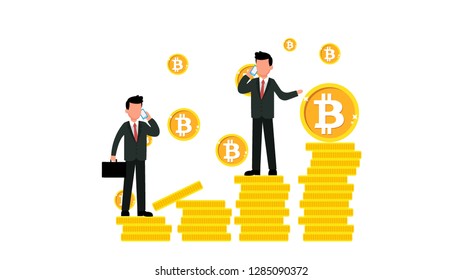 Successful young caucasian investors stand by ringing under the rain of bitcoin coins and celebrating financial success in investing to block network technology. Vector cartoon illustration. - Vector