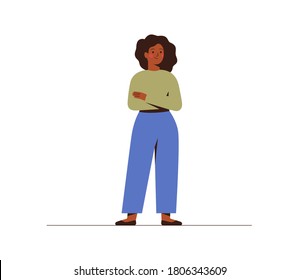 Successful young dark skin businesswoman crossed hands. Confident black girl in casual clothes full-body view. Flat vector illustration isolated on white. Self acceptance and confidence concept. 