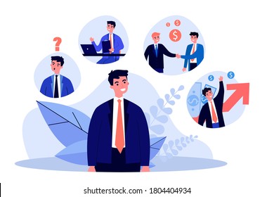 Successful young guy thinking about career growth. Job, money, wealth flat vector illustration. Finance, business and occupation concept for banner, website design or landing web page