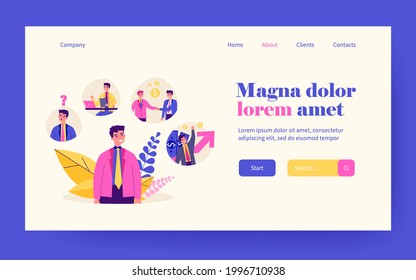 Successful young guy thinking about career growth. Job, money, wealth flat vector illustration. Finance, business and occupation concept for banner, website design or landing web page