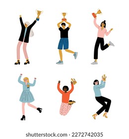 Successful young joyful people celebrating victory with winner cups set. Happy winners holding trophy and awards cartoon vector illustration