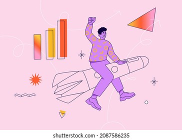 Successful young man flying on the rocket in the sky. Business start up concept. Launching and developing new idea. Hand drawn vector illustration isolated on purple background. Flat cartoon style.