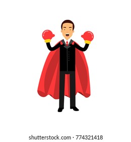 Successful young man in formal business attire with boxing gloves and red superhero cape. Confident male character ready to fight. Flat vector illustration