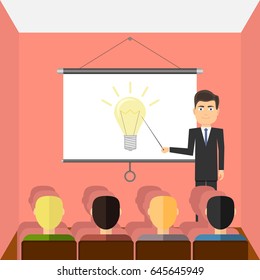 Successful young man with glasses making a presentation near whiteboard with infographics before an audience. Flat design, vector illustration, vector.