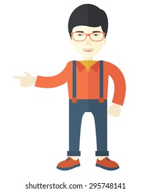 A successful young man with his thumbs up. A Contemporary style. Vector flat design illustration isolated white background. Vertical layout