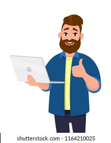 Successful young man holding/using laptop computer (PC) and showing/gesturing thumbs up sign. Laptop computer technology concept in vector illustration style.