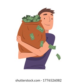 Successful Young Man Hugging Big Heavy Sack Full of Cash Money Vector Illustration on White Background.