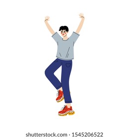 Successful Young Man Rising Hands Up Celebrating Victory, Charismatic Guy Reached the Goal or Result Vector Illustration