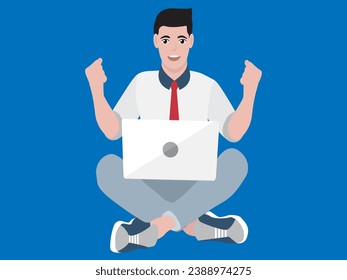 Successful young man using latop computer (PC) and feeling impressive    on blue background vector illustrator style