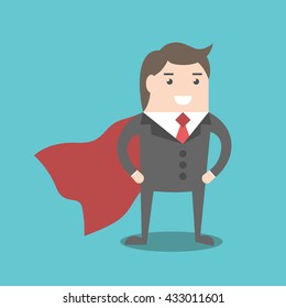 Successful young super businessman hero with red cloak. Business success, power, competence, performance and management concept. EPS 8 vector illustration, no transparency