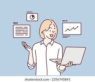 Successful young woman holding  laptop computer. Hand drawn style vector design illustrations.