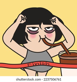 Successful Young Worker Woman With Fatigued Face And Coffee Running Across The Red Finish Line Concept Card Character illustration