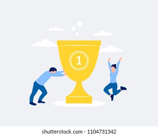 Successfull business design concept. Small people and golden cup. Trendy flat style. Vector illustration.