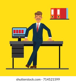 Successfull businessman standing near office table. Flat vector illustration