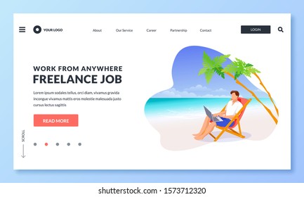 Successfull freelancer entrepreneur works on laptop on beach. Vector modern illustration for web landing page, banner, poster design. Remote online job, work in travel vacation and freelance concept