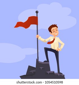 Successfull mission. Businessman standing with red flag on mountain peak. Goal achievement. Put flag on mountain peak, symbol of victory. Vector style flat. . Business concept. Cartoon characters