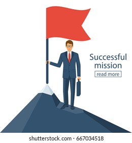 Successfull mission. Businessman standing with red flag on mountain peak. Goal achievement. Put flag on mountain peak, symbol of victory. Vector style flat. Isolated on background. Business concept.