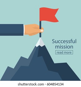 Successfull mission. Standing with red flag on mountain peak. Goal achievement. Put a red flag on mountain peak, symbol of victory. Vector illustration flat. Isolated on background. Business concept.