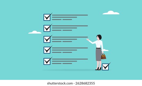 successfully achieve business targets with work list strategy plan, journey job target action career illustration, woman completes work list by checking box on table concept vector illustration