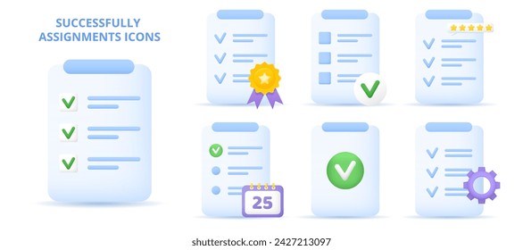 Successfully Assignment icons set. Checklist done with checkmark. Clipboard list, badge award, rating feedback. Business, education, task management, achievements concept. Vector illustration