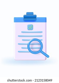 Successfully complete business assignments icon. Magnifying glass with a checklist on clipboard paper. 3d vector illustration.