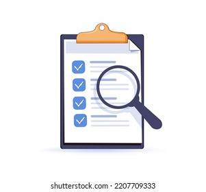 Successfully complete business assignments icon. Education test, to do list. Magnifying glass with a checklist on clipboard paper. Goals archive. Modern flat vector illustration. Marked checklist.