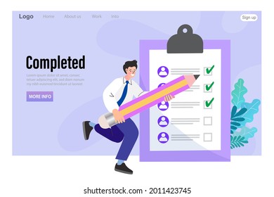 Successfully complete business assignments. Man with a giant pencil nearby marked checklist on a clipboard paper. Flat vector illustration.
