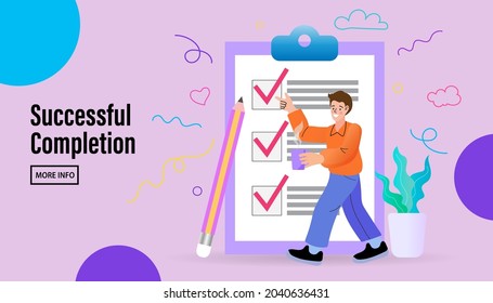 Successfully complete business assignments. Man with a giant pencil nearby marked checklist on a clipboard paper. Flat vector illustration.