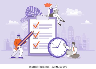  Las asignaciones de negocios se completaron correctamente. El equipo de negocios está rellenando una lista de verificación. Para hacer listas con trabajo en equipo. concepto completado por la misión. planificación laboral exitosa. Ilustración vectorial.