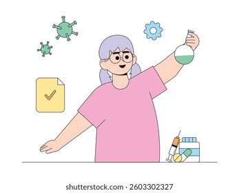 Successfully created a liquid as a substitute for medicine by conducting various kinds of research, semi outline style, vector illustration.