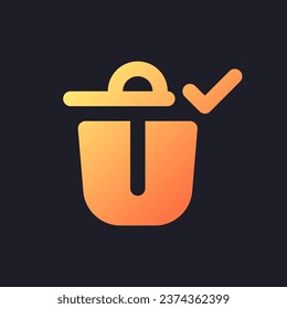 Successfully deleted orange solid gradient ui icon for dark theme. Trash can. Removing confirm. Filled pixel perfect symbol on black space. Modern glyph pictogram for web. Isolated vector image