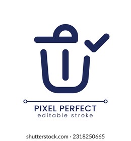 Successfully deleted pixel perfect linear ui icon. Trash can. Removing confirm. Bin with check mark. GUI, UX design. Outline isolated user interface element for app and web. Editable stroke
