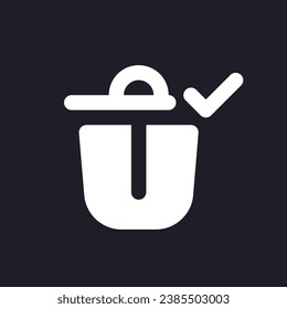 Successfully deleted white pixel perfect solid ui icon. Removing confirm. Bin with check mark. Silhouette symbol for dark mode. Glyph pictogram on black space for web, mobile. Vector isolated image