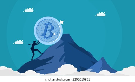 Successfully invest in digital coins. Businessman pushing digital coins uphill