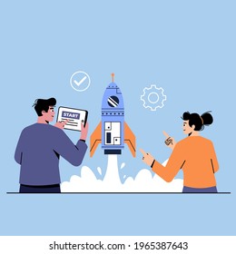 Lanzamiento exitoso de un inicio de negocio con una Ilustración vectorial de cohete