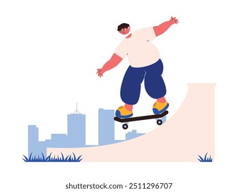 Successfully overcome obstacles by skateboarding, extreme sports vector illustration.