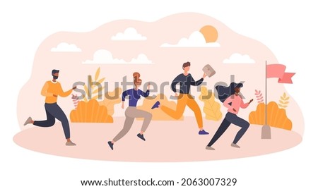 Successfully overcomes obstacles. Group of people runs to flag, competition, fight. Achievement of goals, business, success. Concept of hardworking department. Cartoon flat vector illustration