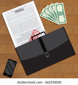 Successfully paid taxes top view. Tax return and vector form taxation, accounting 1040 tax form illustration