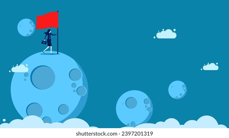 Successfully seizing new business markets. Businesswoman plants a red flag on the moon or planet