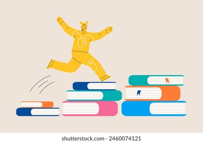 Successfully woman going from one education level to another. Colorful vector illustration
