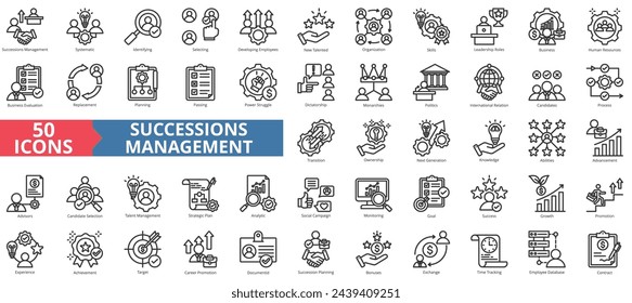 Succession management icon collection set. Containing skills, leadership, business, human resources, evaluation, replacement, planning icon. Simple line vector illustration.