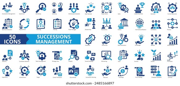 Succession management icon collection set. Containing skills, leadership, business, human resources, evaluation, replacement, planning icon. Simple flat vector illustration.