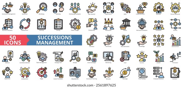 Succession management icon collection set. Containing skills, leadership, business, human resources, evaluation, replacement, planning icon. Simple flat outline vector illustration