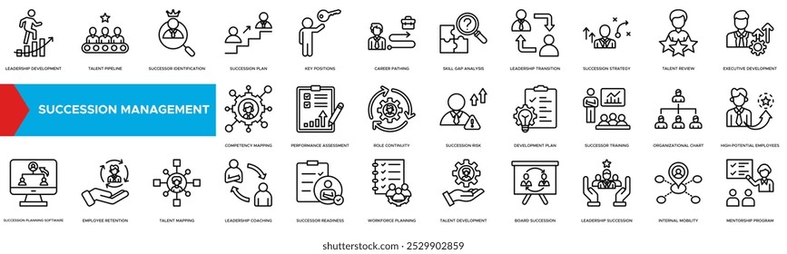 Succession Management icon. Leadership Development, Talent Pipeline, Successor Identification, Succession Plan and Key Positions