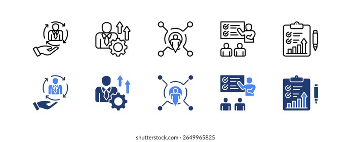 Conjunto de ícones de gerenciamento de sucessão. com Funcionário, Executivo, Interno, Mentoria, Avaliação de desempenho. conjunto de ícones de traçado editável.	