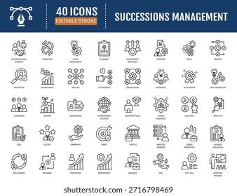 Conjunto de iconos de administración de sucesión. Incluye habilidades,
liderazgo, negocios, recursos humanos,
evaluación, reemplazo y más. Vector
Ilustración con trazos editables
